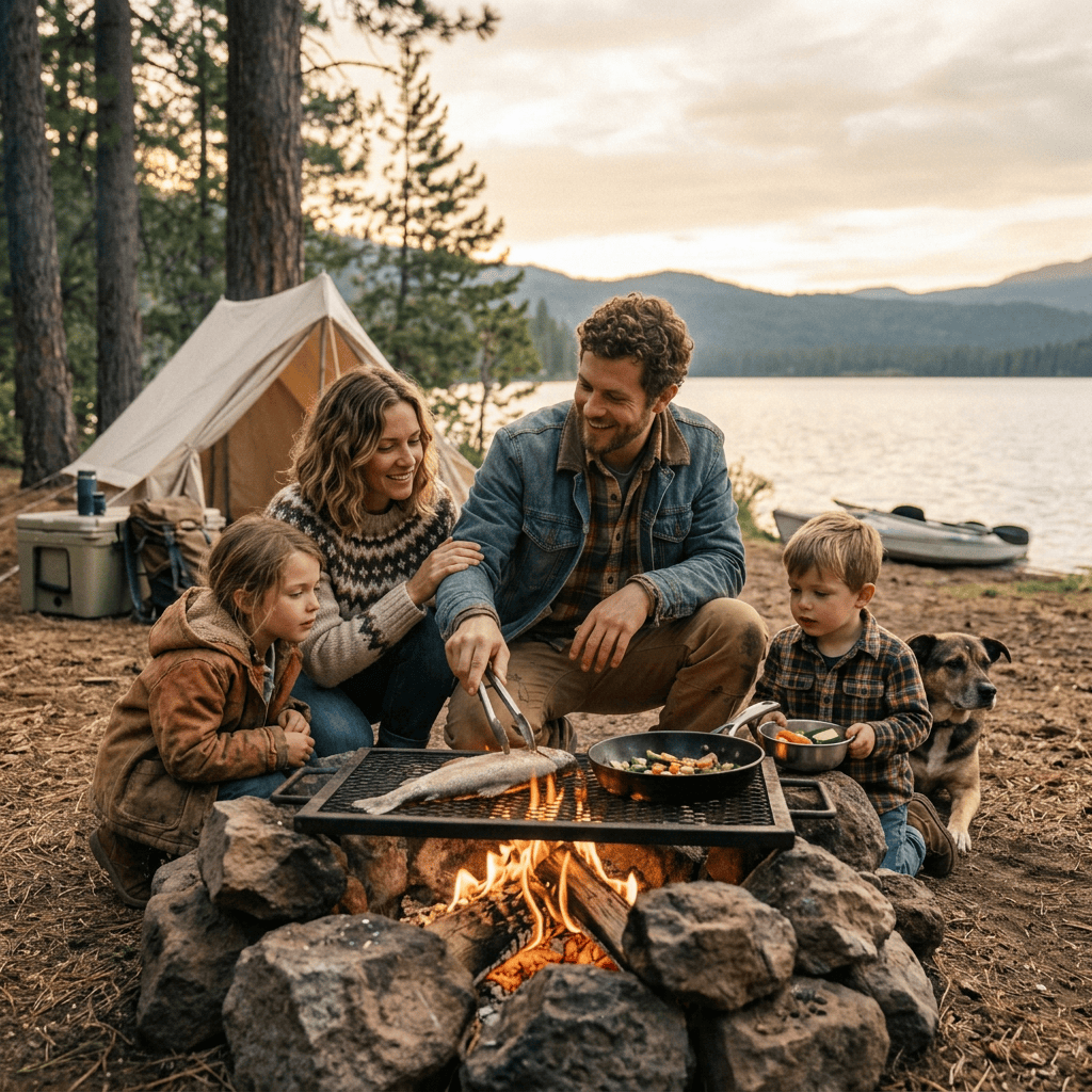 Family joining campground fish cooking