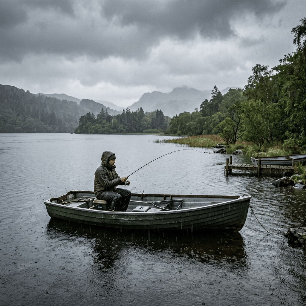 Wide rainy lake fishing scene