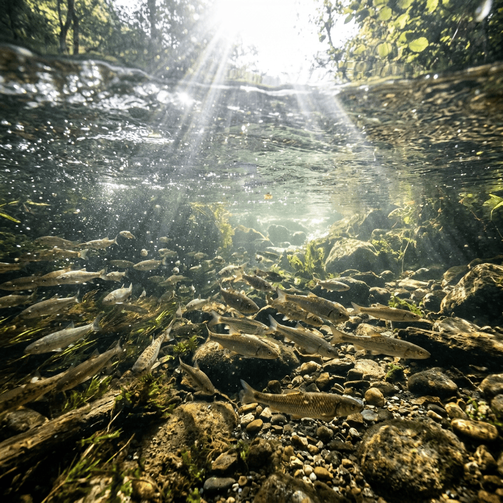 Fish swimming in sunlit river